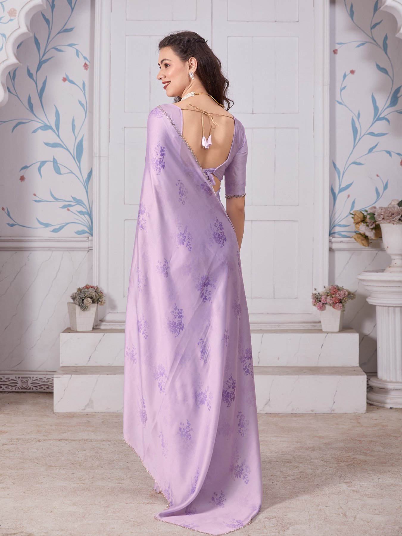 Lavender Satin Floral Print Saree with Zircon Border — alternate view