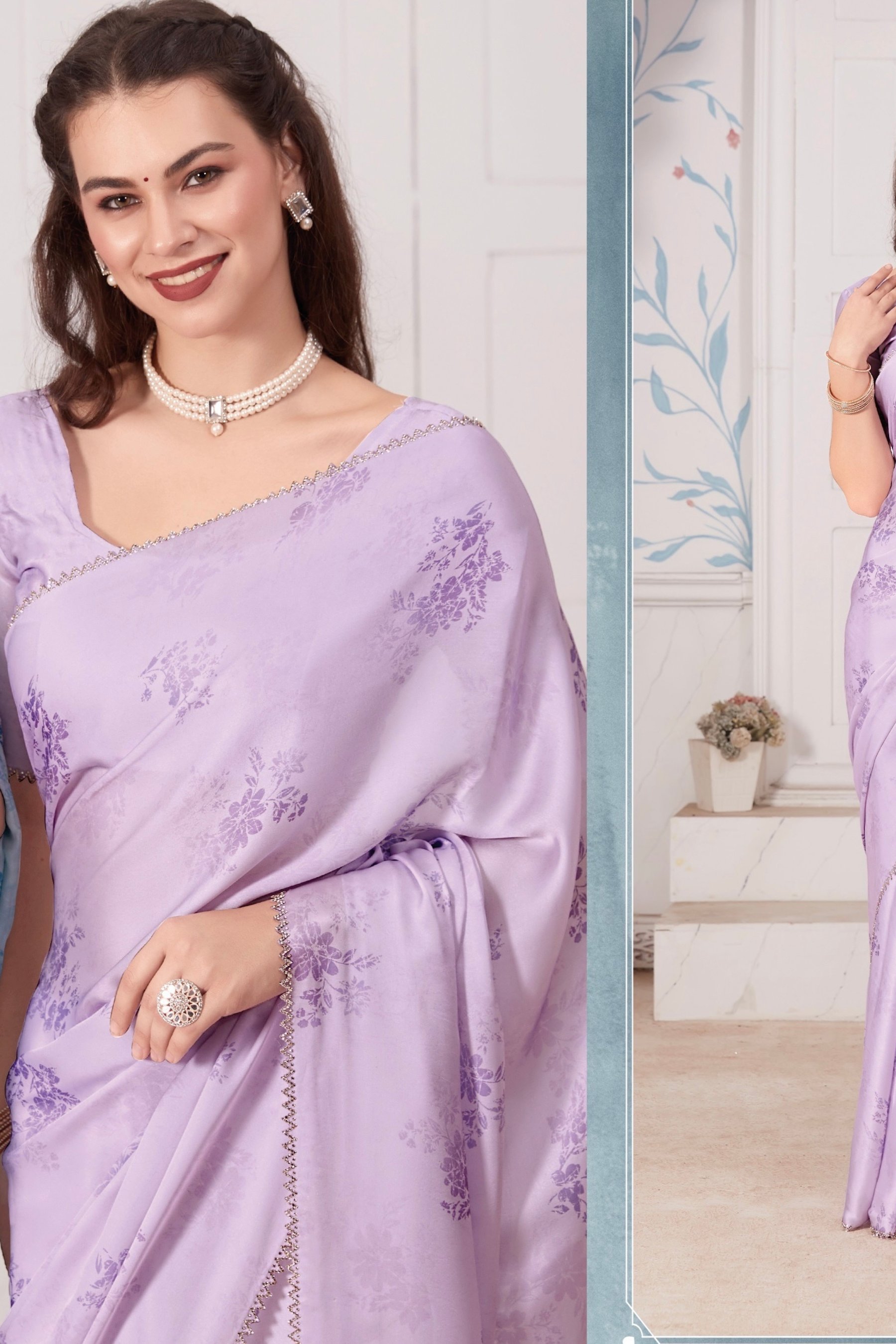 Lavender Satin Floral Print Saree with Zircon Border