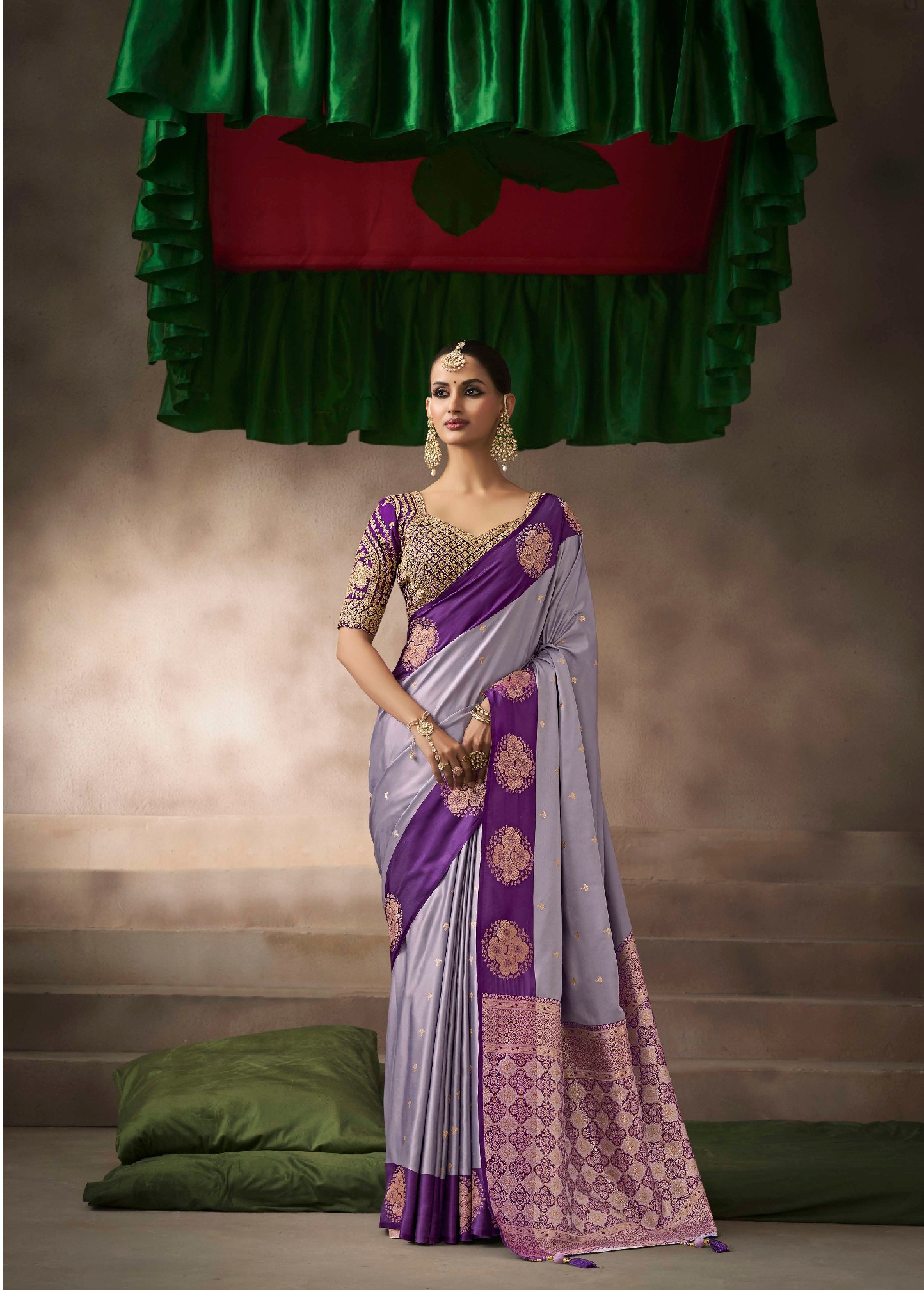 Lavender Satin Silk Regal Zari Woven Saree
