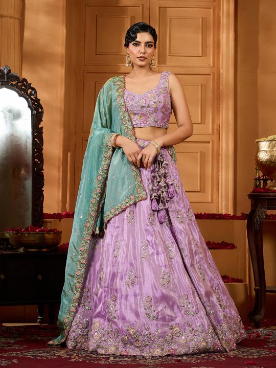 Lavender Sea Green Satin Silk Lehenga Choli