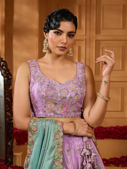 Lavender Sea Green Satin Silk Lehenga Choli