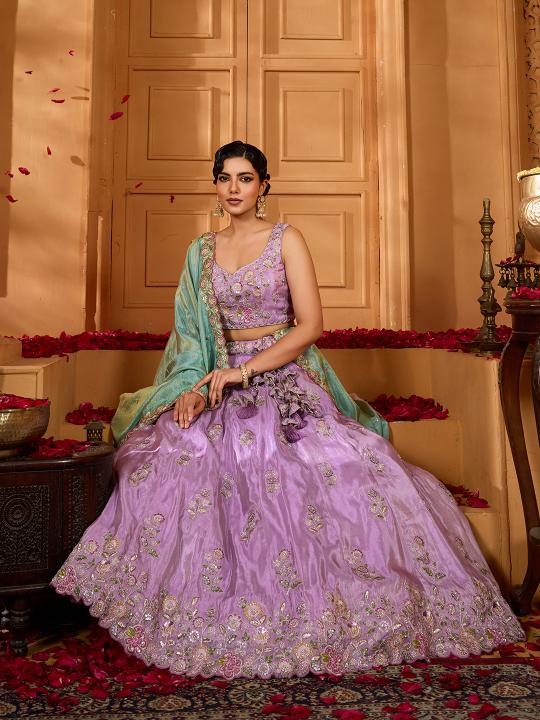 Lavender Sea Green Satin Silk Lehenga Choli