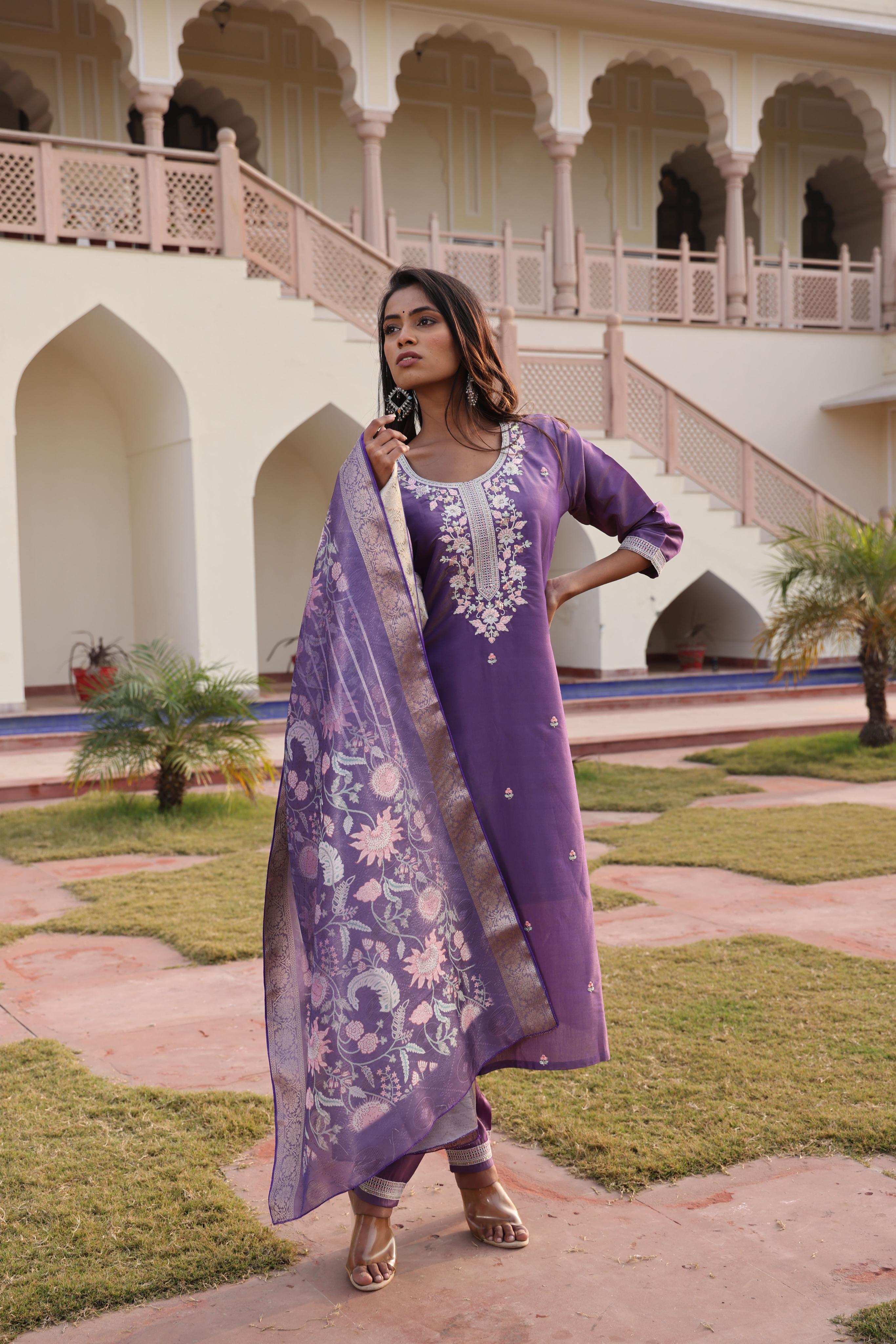 Lavender Shimmer Silk Embroidered Readymade Suit