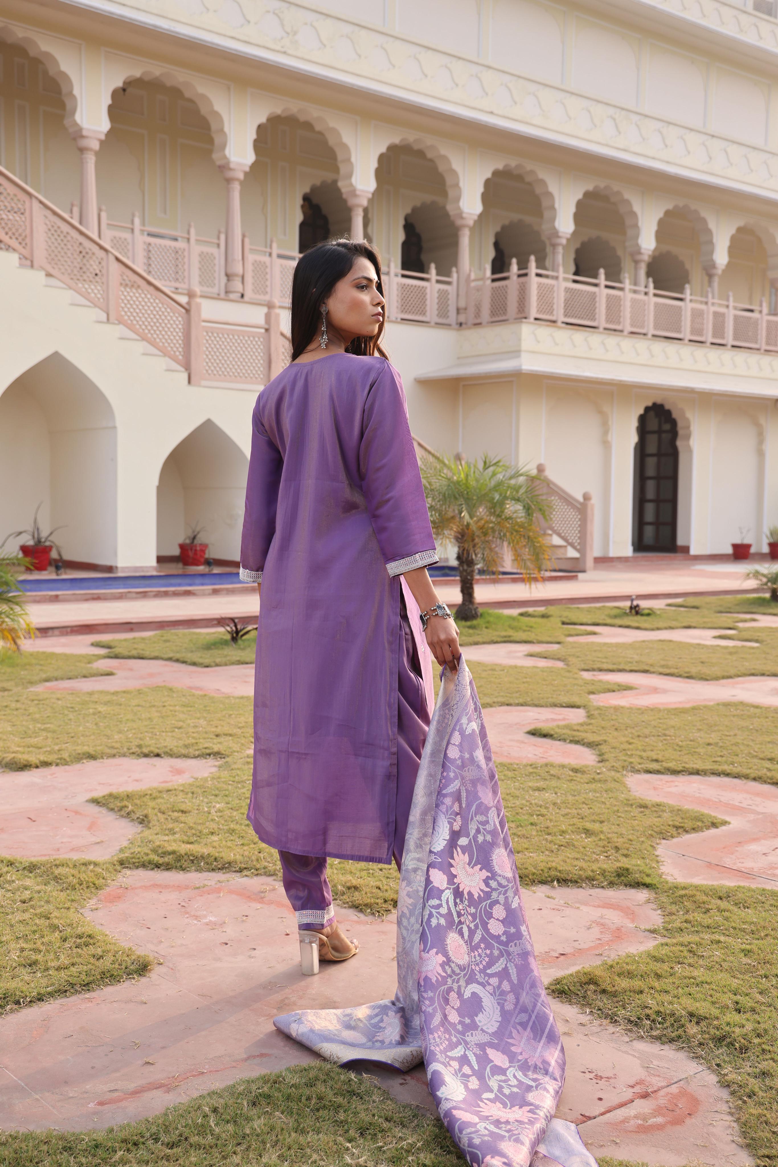 Lavender Shimmer Silk Embroidered Readymade Suit — alternate view
