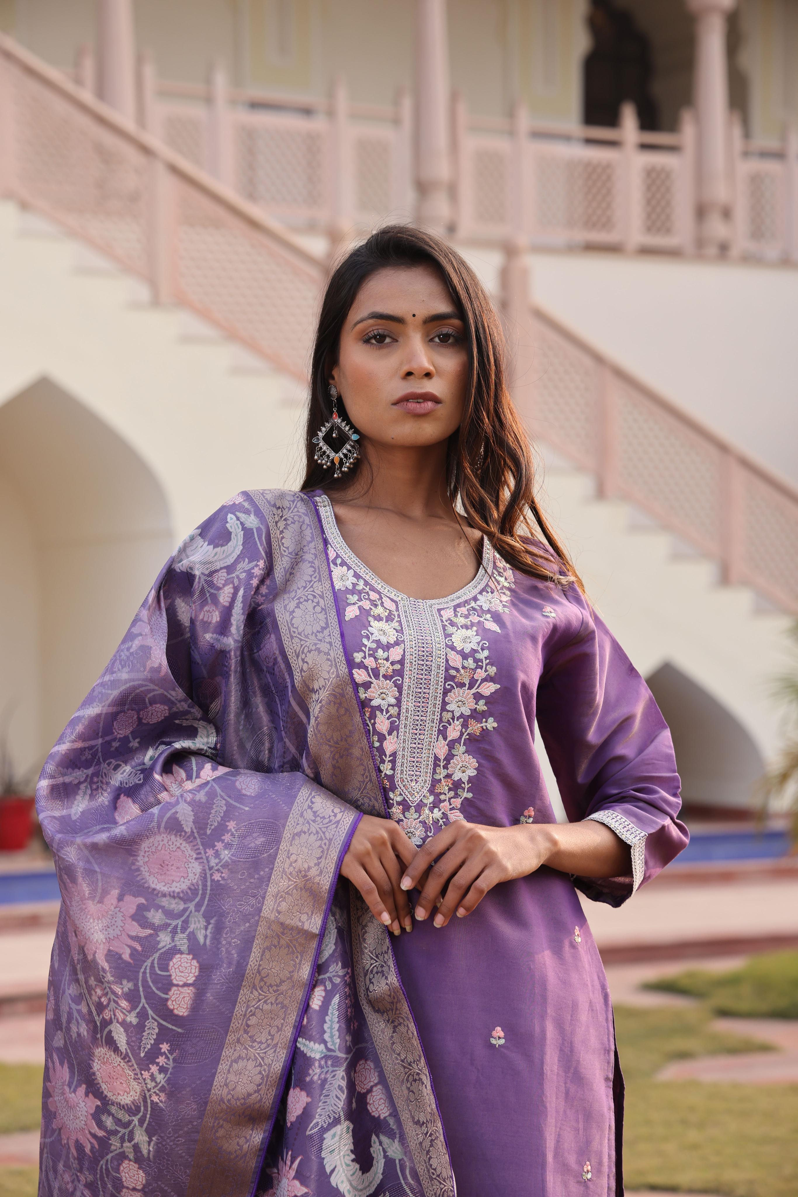 Lavender Shimmer Silk Embroidered Readymade Suit