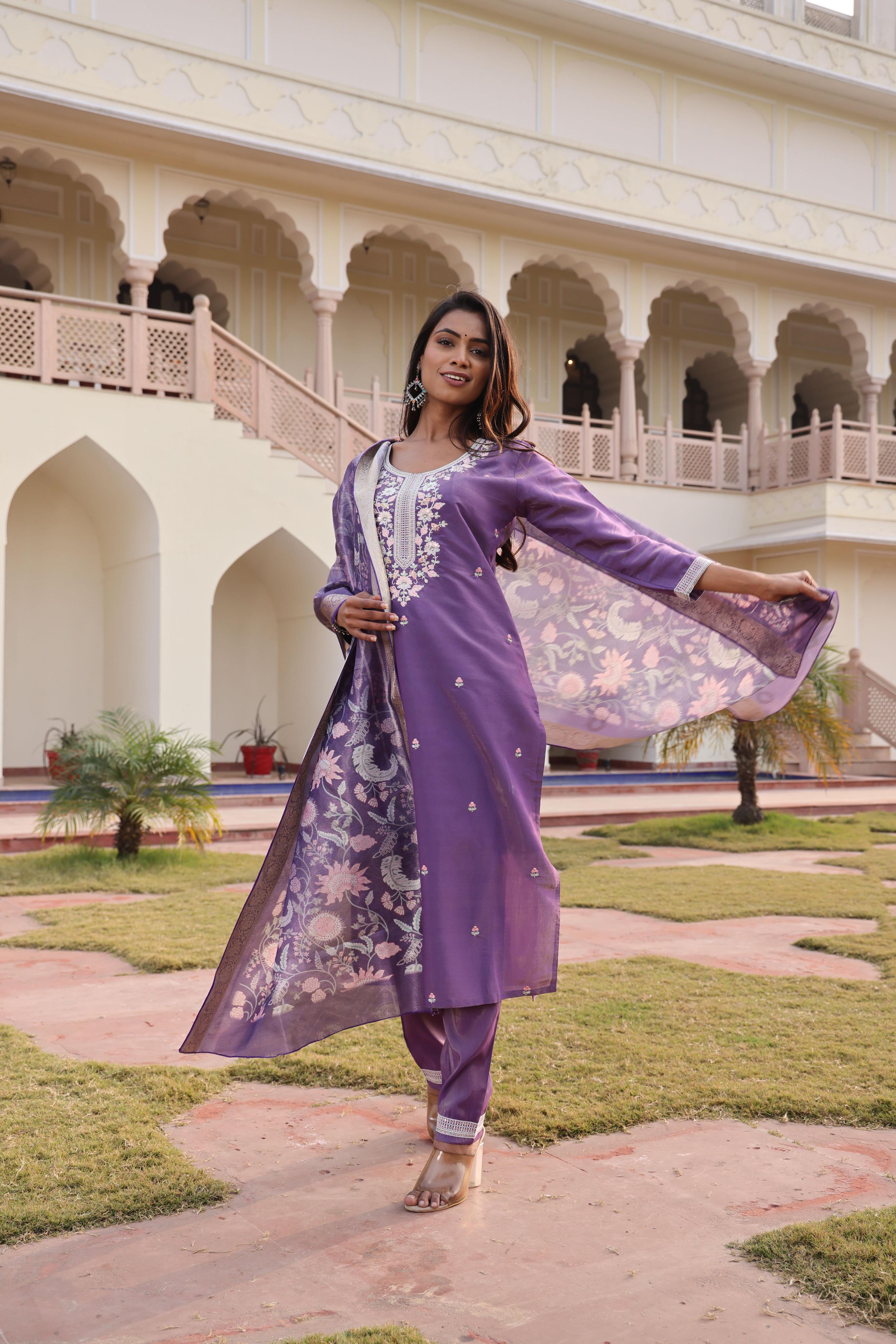 Lavender Shimmer Silk Embroidered Readymade Suit