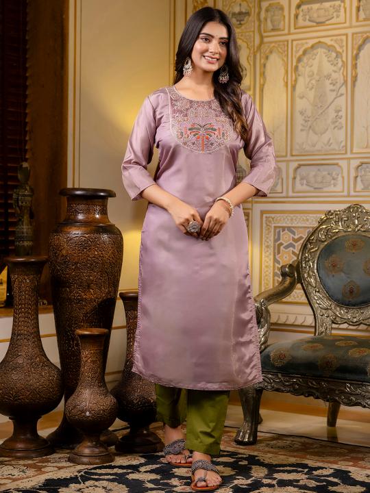 Lavender Shimmer Silk Embroidery Kurti
