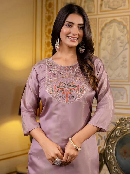 Lavender Shimmer Silk Embroidery Kurti — alternate view