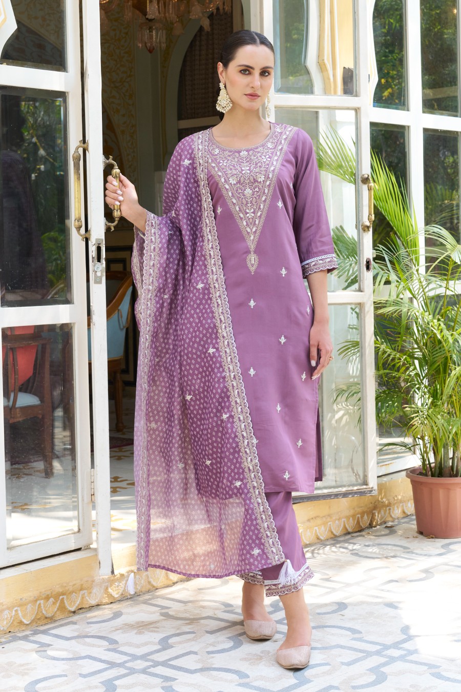 Lavender Silk Blend Designer Embroidered Readymade Suit