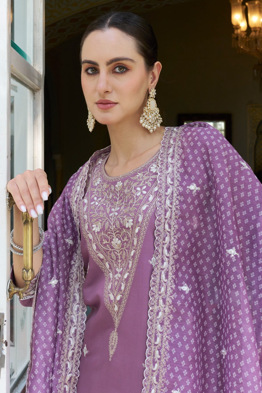 Lavender Silk Blend Designer Embroidered Readymade Suit