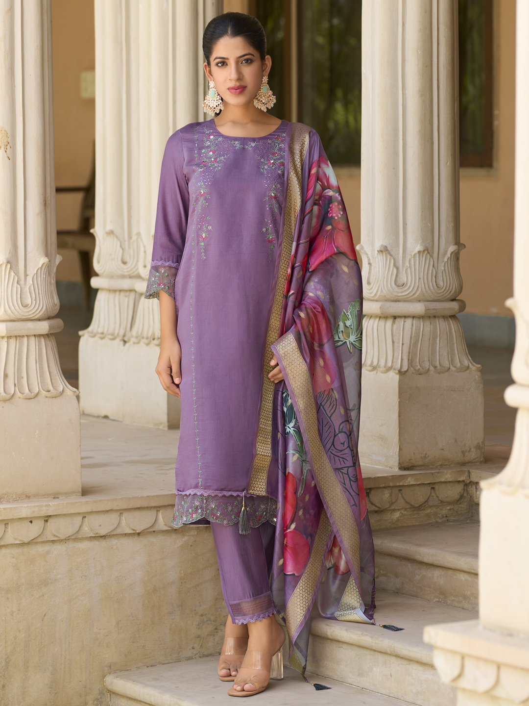 Lavender Silk Blend Embroidered Salwar Suit