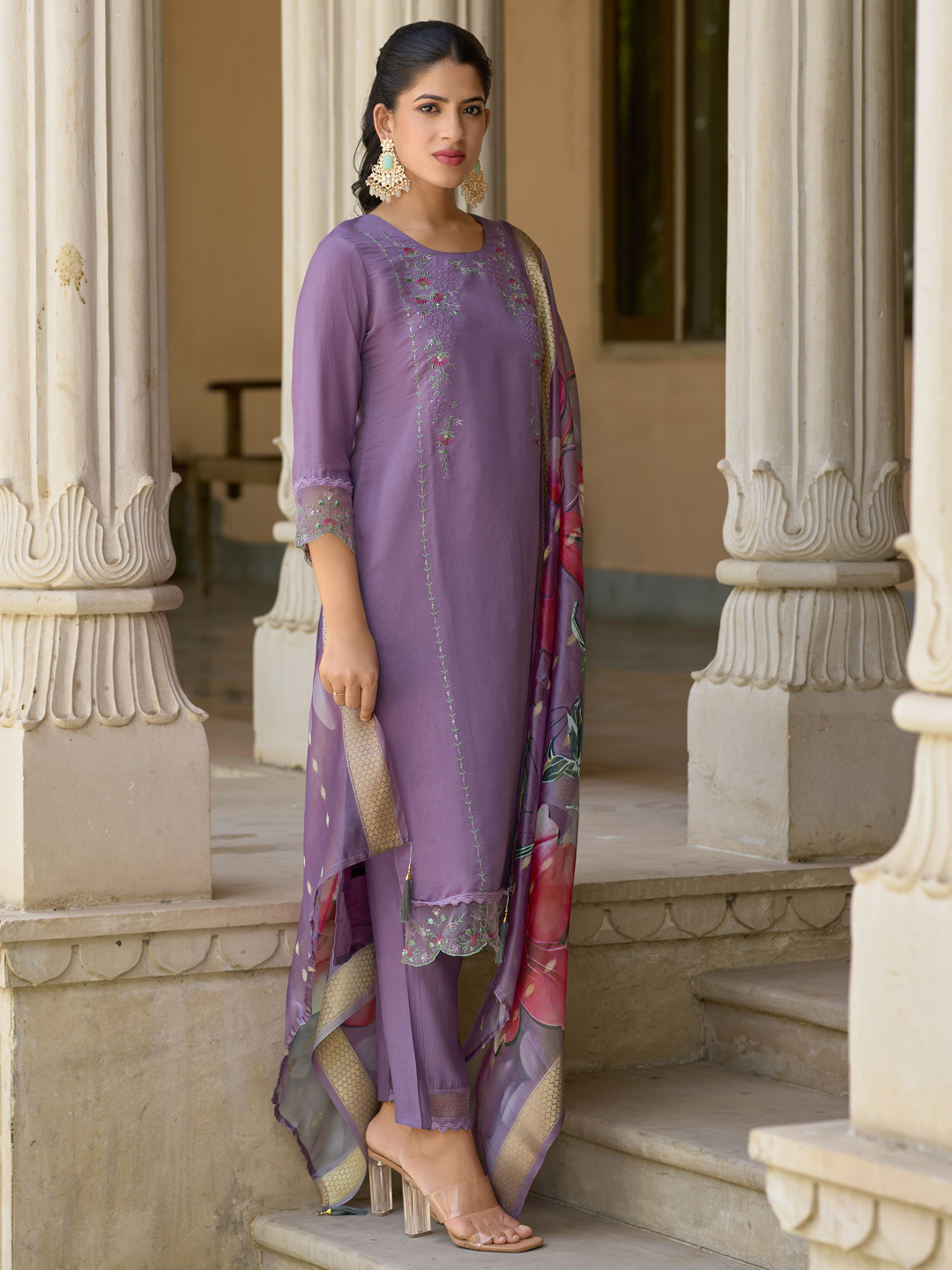 Lavender Silk Blend Embroidered Salwar Suit