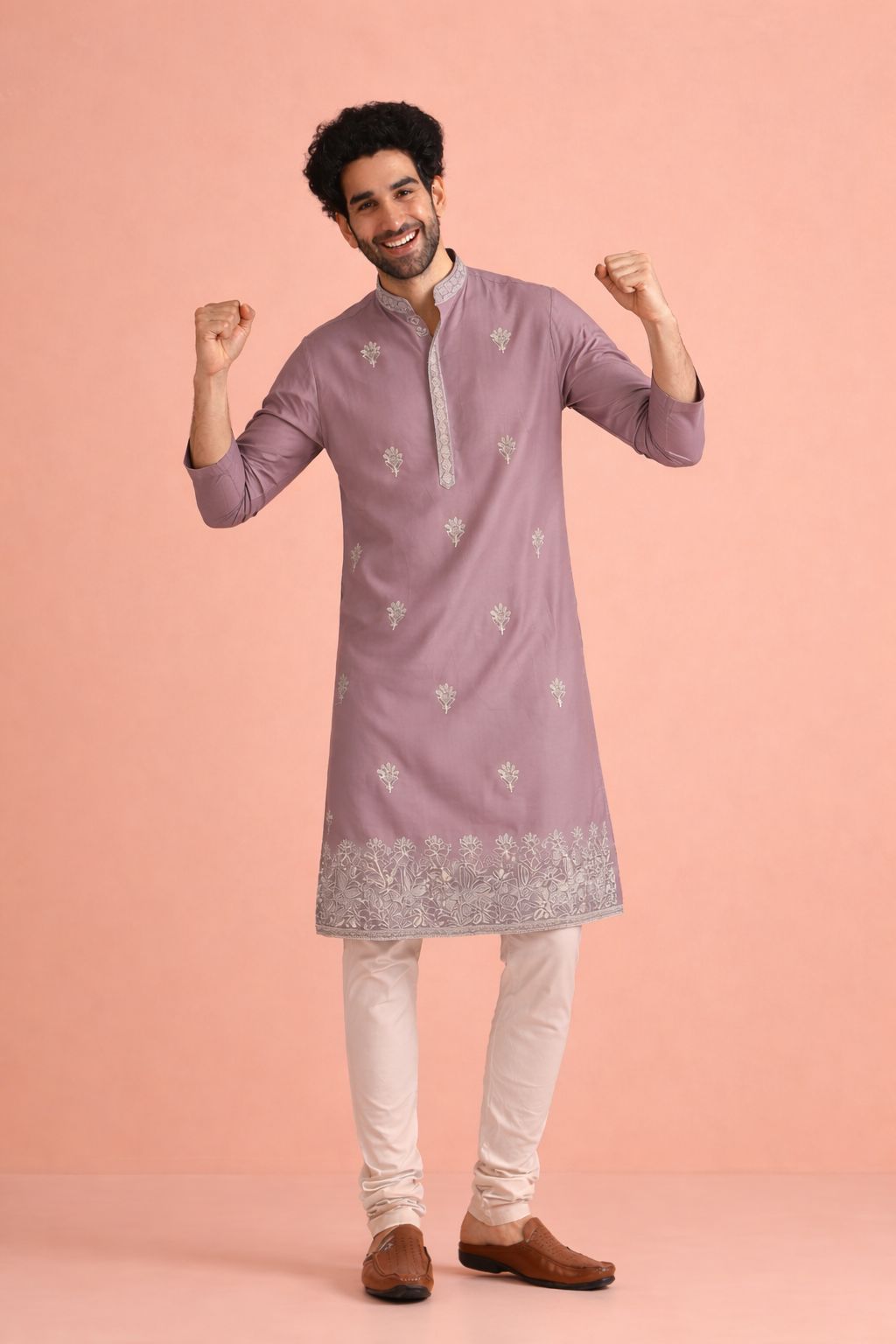 Lavender Silk Designer Embroidery Kurta Pyjama