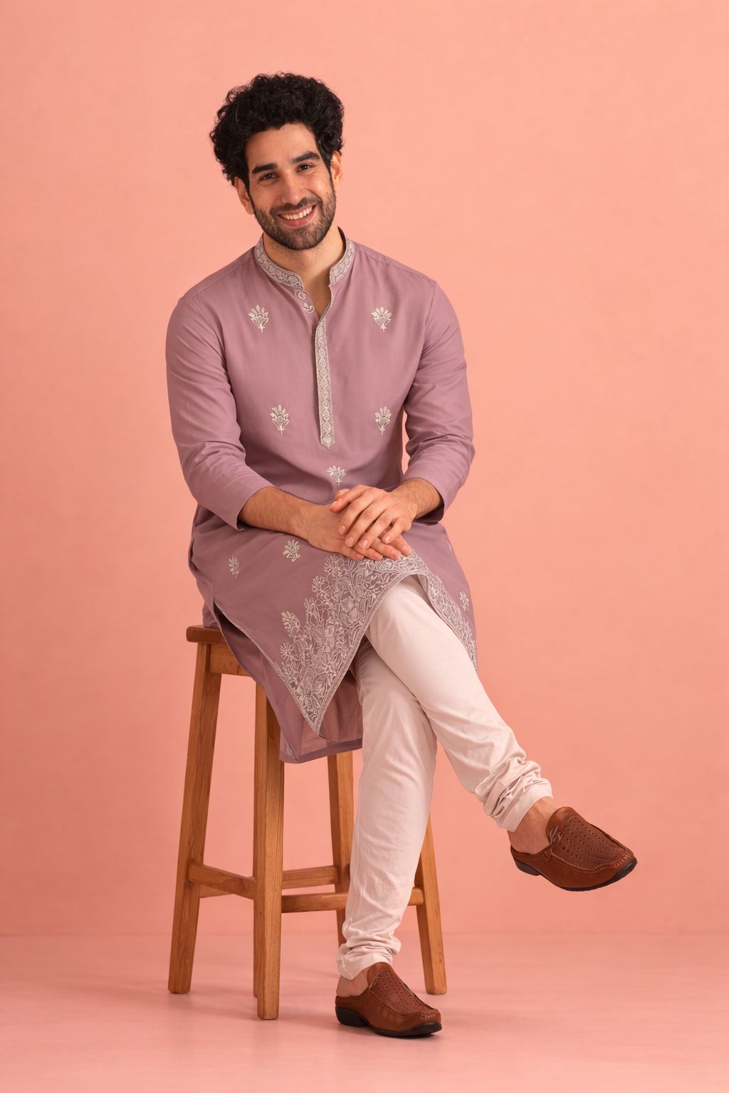 Lavender Silk Designer Embroidery Kurta Pyjama