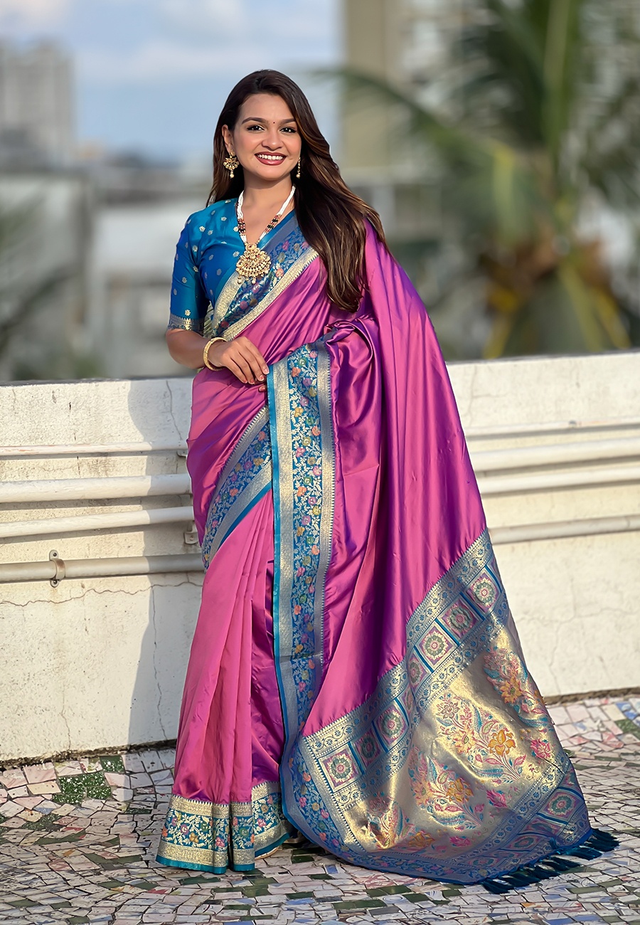 Lavender Soft Silk Woven Paithani Gala Saree