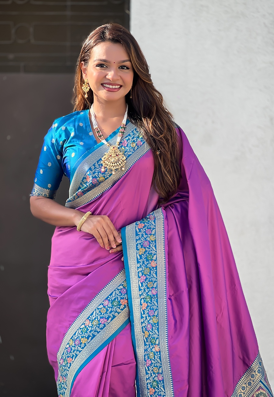 Lavender Soft Silk Woven Paithani Gala Saree