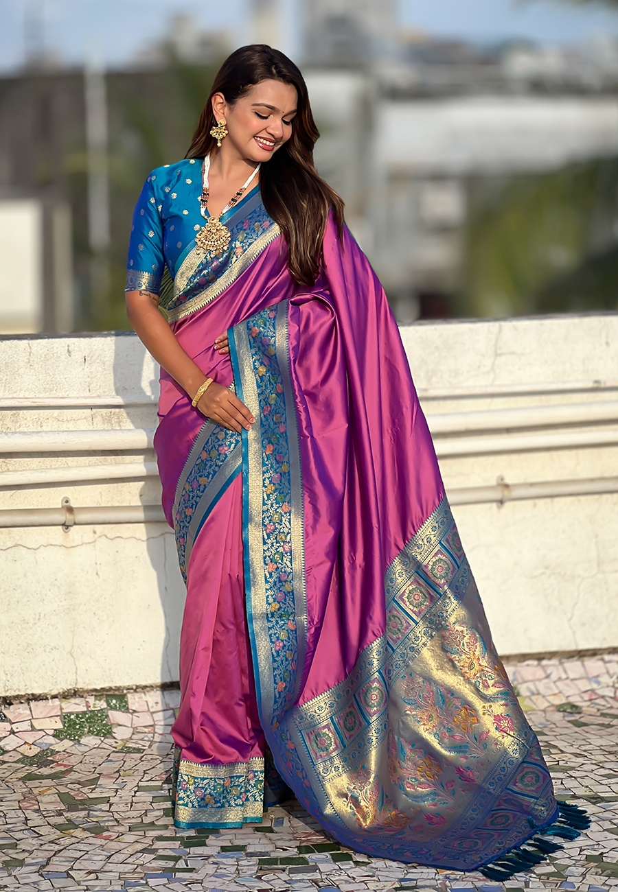 Lavender Soft Silk Woven Paithani Gala Saree