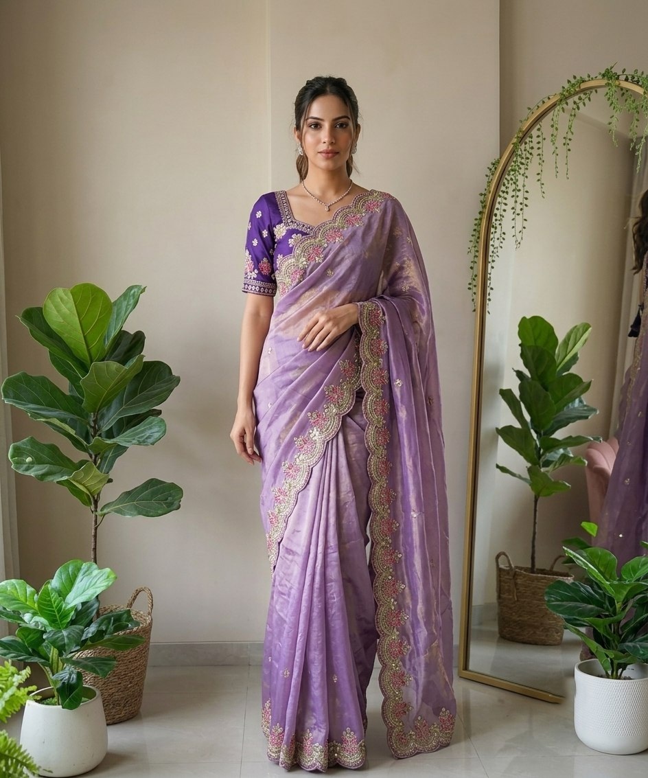 Lavender Solid Embroidered Fendy Satin Silk Saree