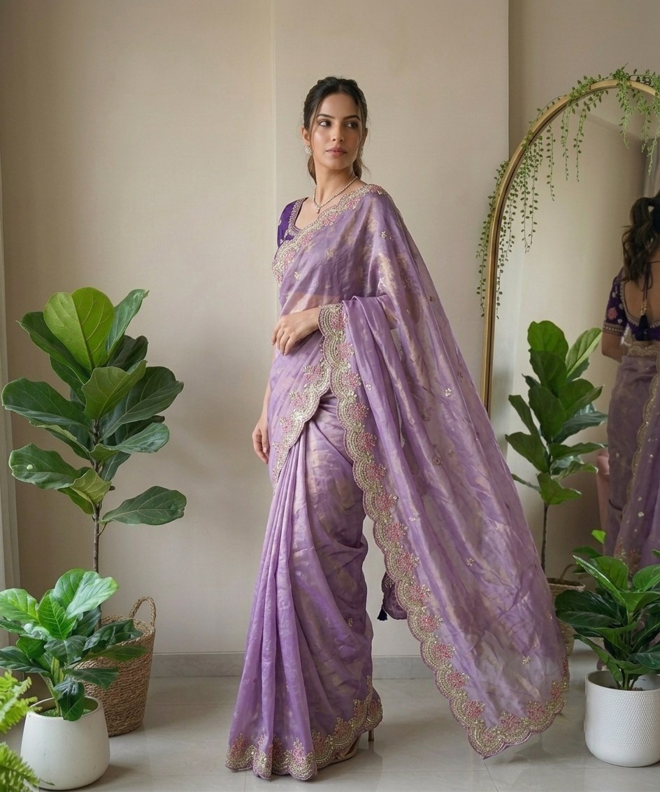 Lavender Solid Embroidered Fendy Satin Silk Saree — alternate view