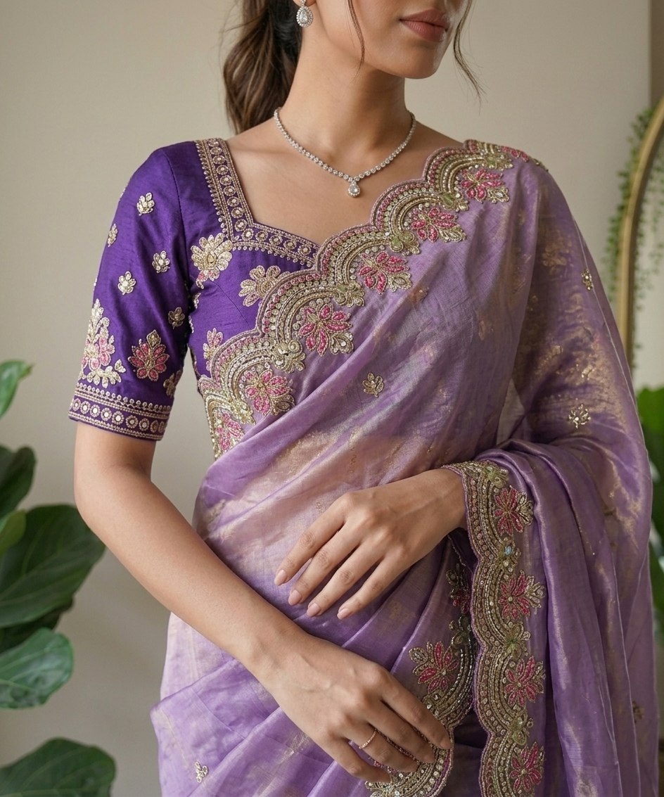 Lavender Solid Embroidered Fendy Satin Silk Saree