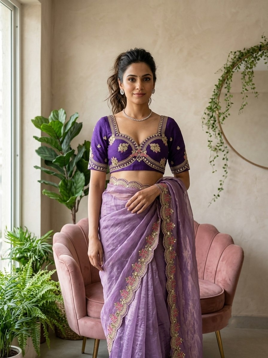 Lavender Solid Embroidered Fendy Satin Silk Saree