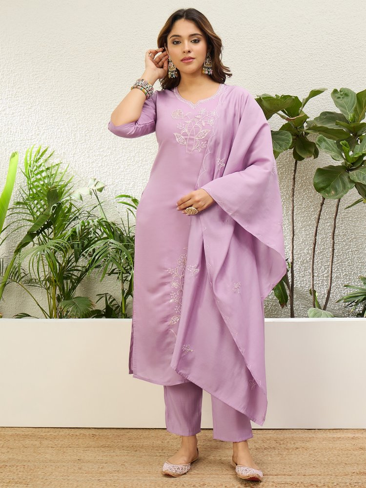 Lavender Solid Embroidered Roman Silk Straight Suit