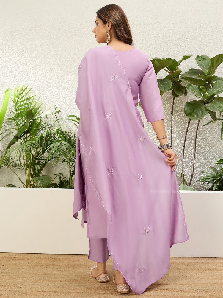 Lavender Solid Embroidered Roman Silk Straight Suit — alternate view