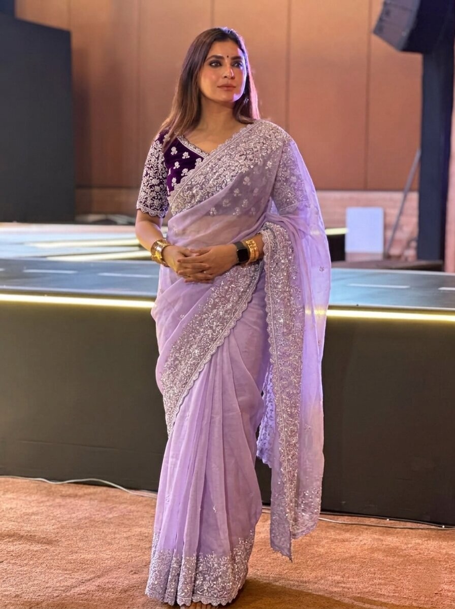 Lavender Solid Embroidered Soft Organza Saree
