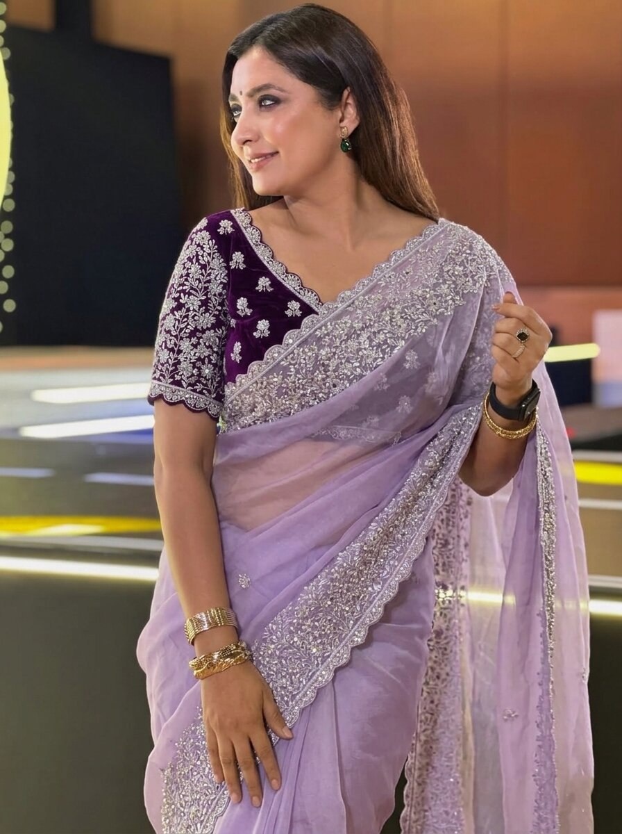 Lavender Solid Embroidered Soft Organza Saree — alternate view