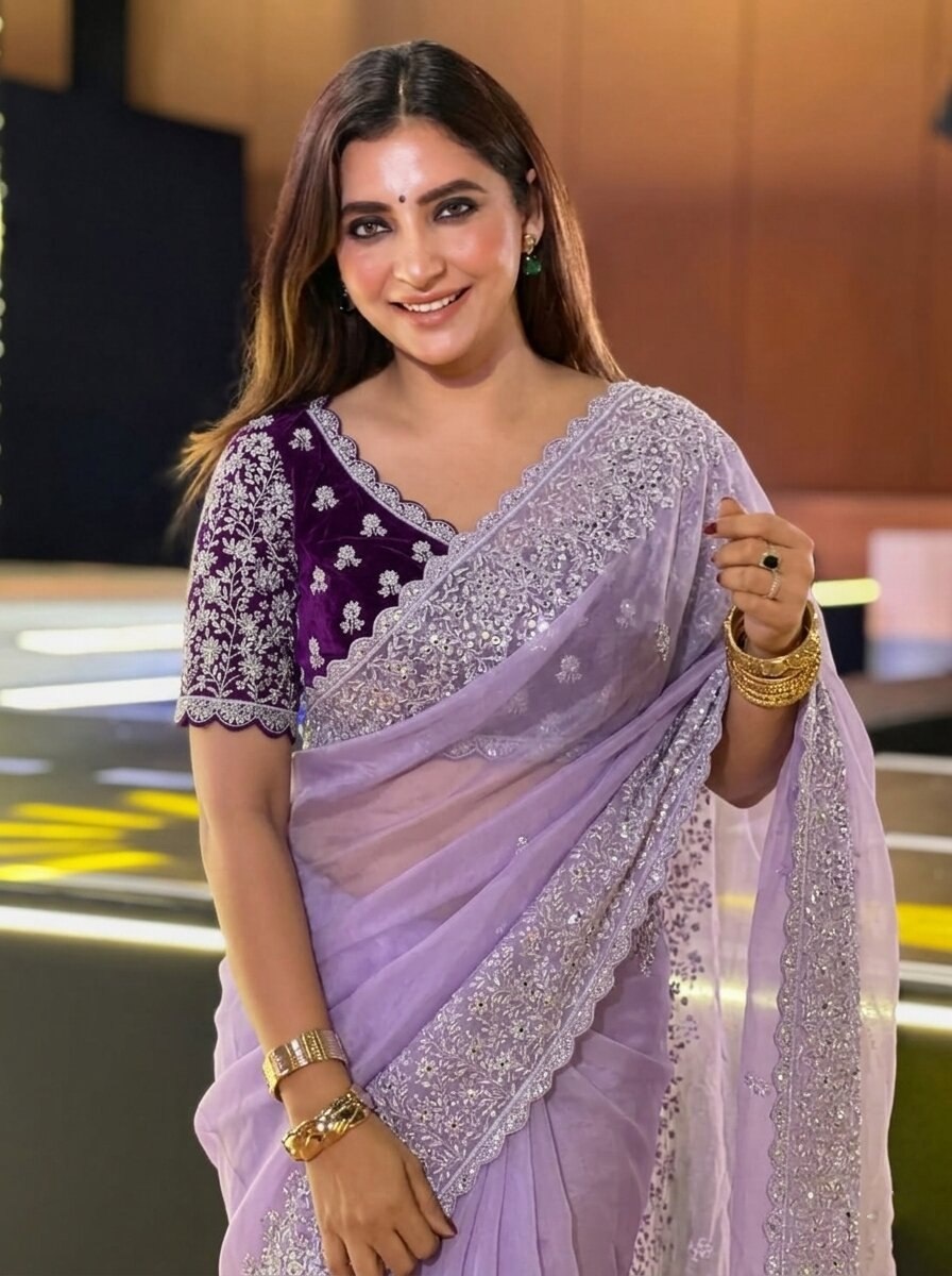 Lavender Solid Embroidered Soft Organza Saree