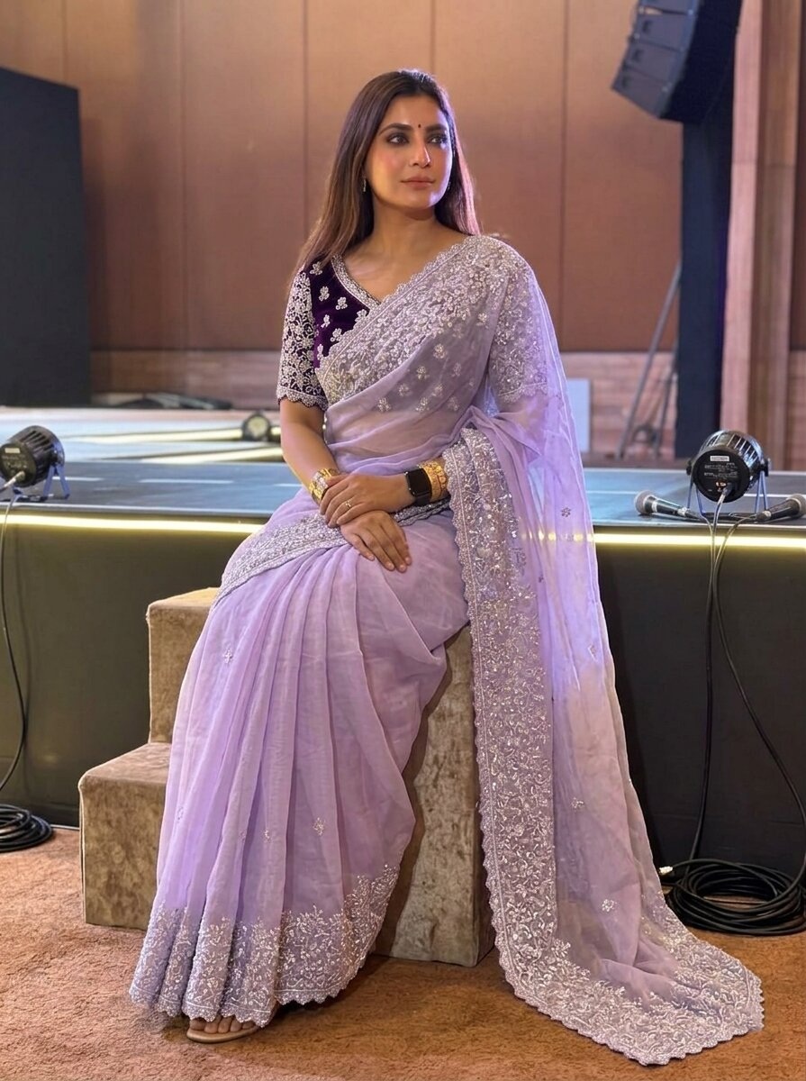 Lavender Solid Embroidered Soft Organza Saree