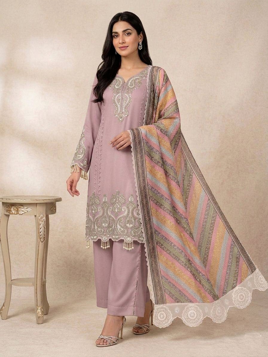 Lavender Solid Sequinsned Georgette Straight Suit