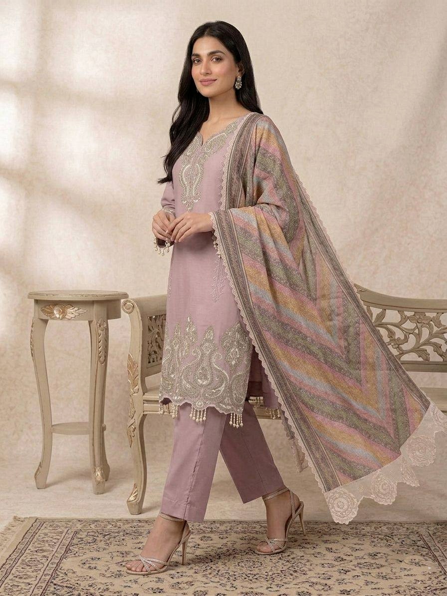 Lavender Solid Sequinsned Georgette Straight Suit — alternate view