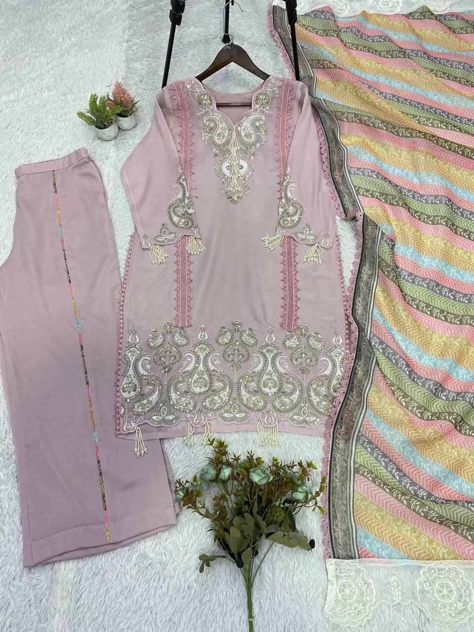 Lavender Solid Sequinsned Georgette Straight Suit