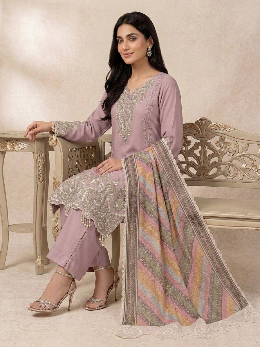Lavender Solid Sequinsned Georgette Straight Suit