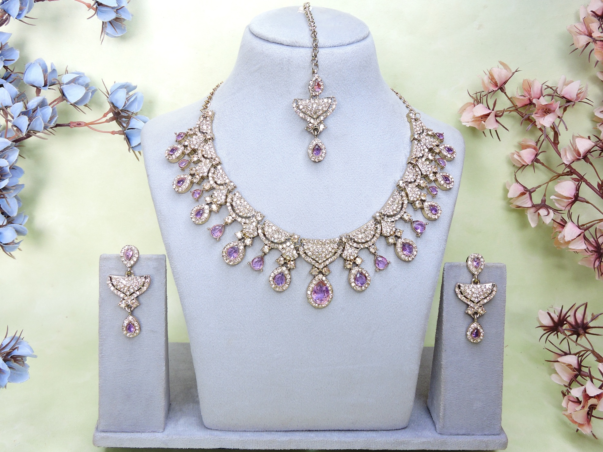 Lavender Sparkle American Diamond Necklace Set — alternate view