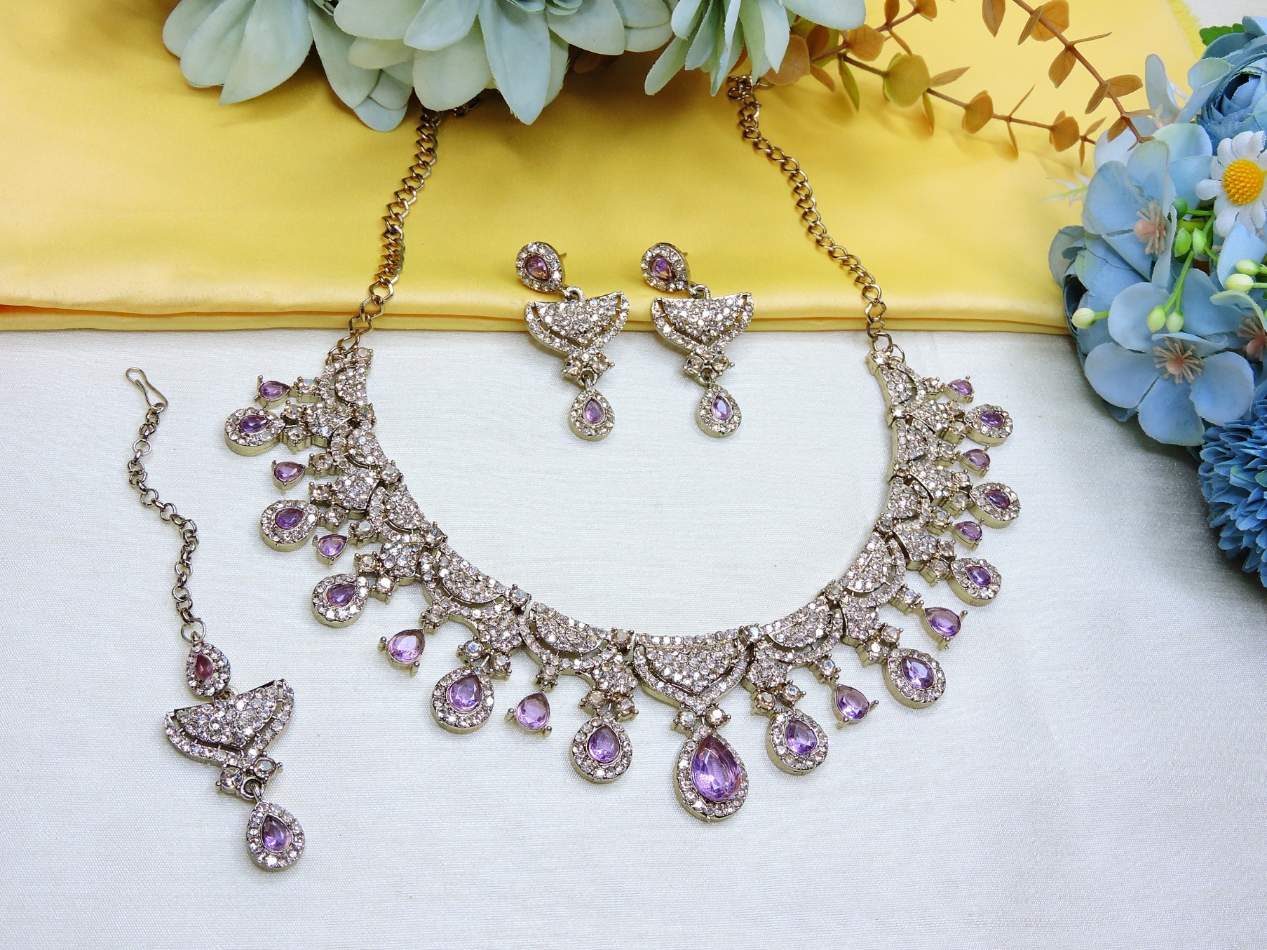 Lavender Sparkle American Diamond Necklace Set