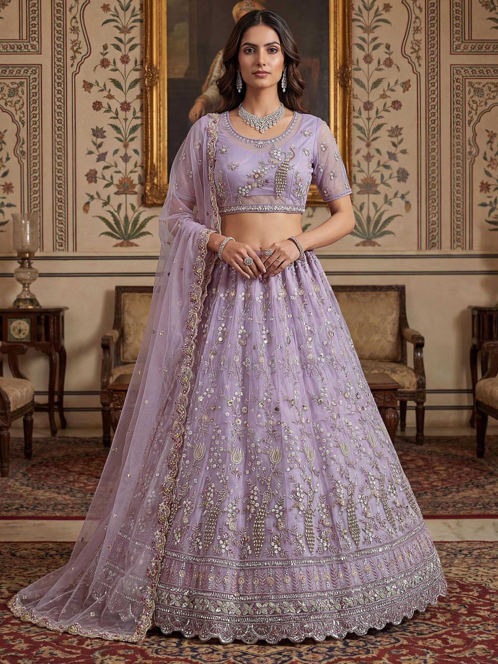 Lavender Stone and Sequins Embroidered Net Lehenga Choli