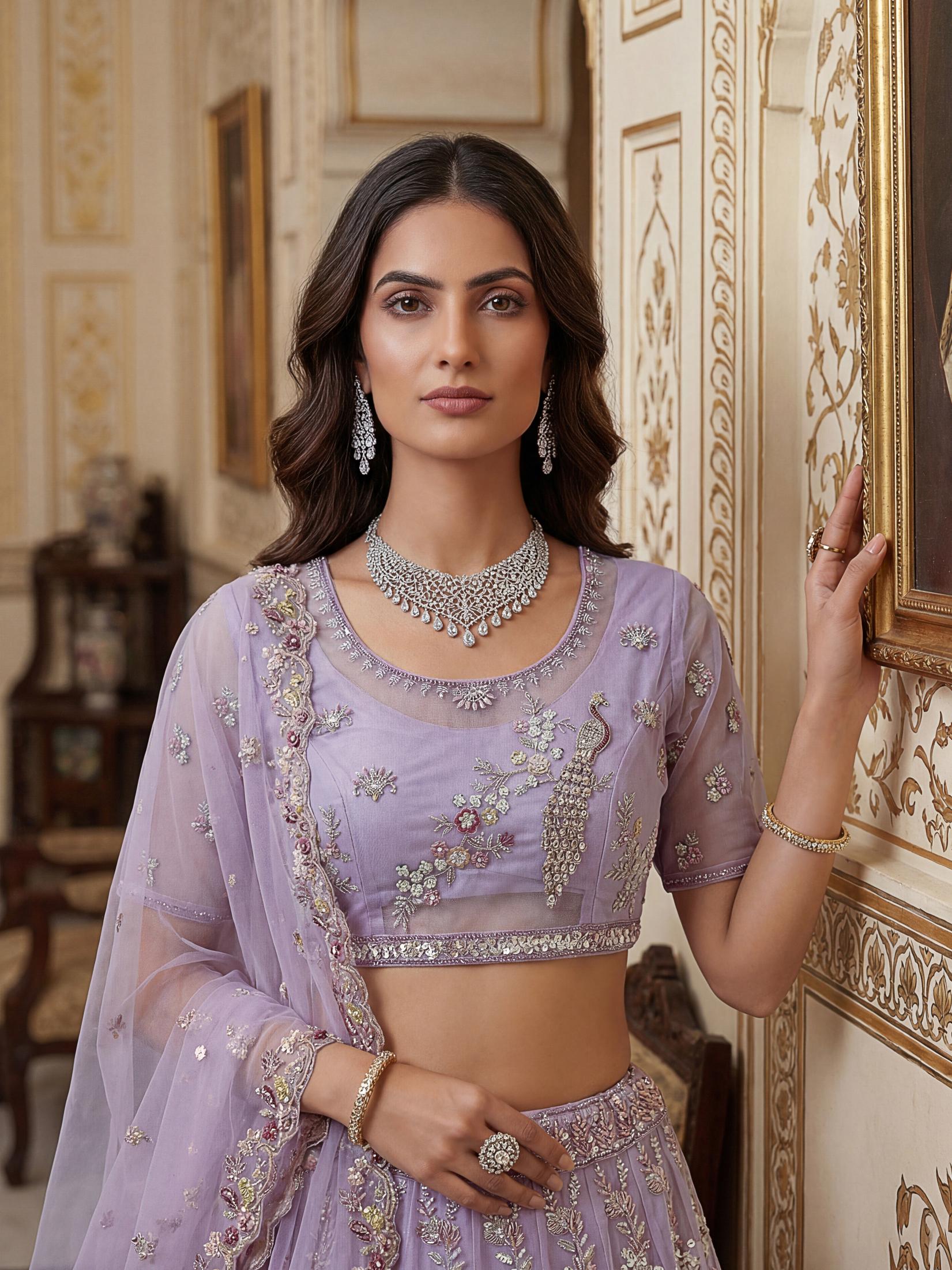 Lavender Stone and Sequins Embroidered Net Lehenga Choli