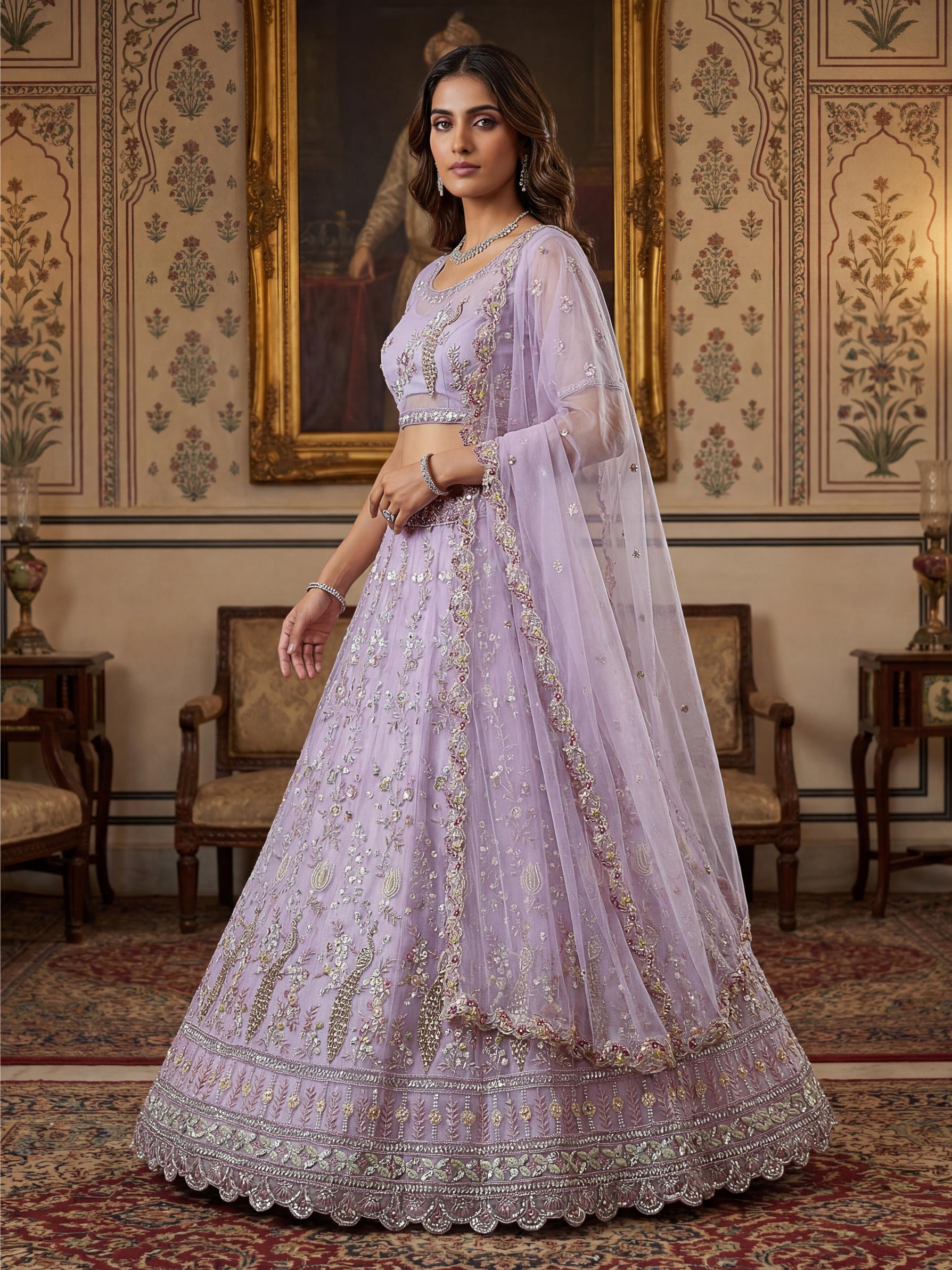Lavender Stone and Sequins Embroidered Net Lehenga Choli