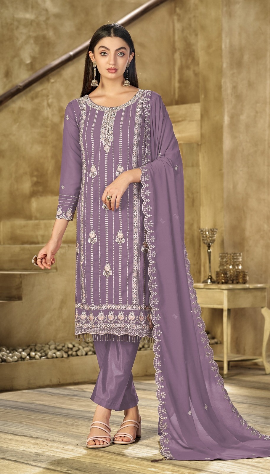 Lavender Stripe Designer Embroidery Georgette Straight Suit