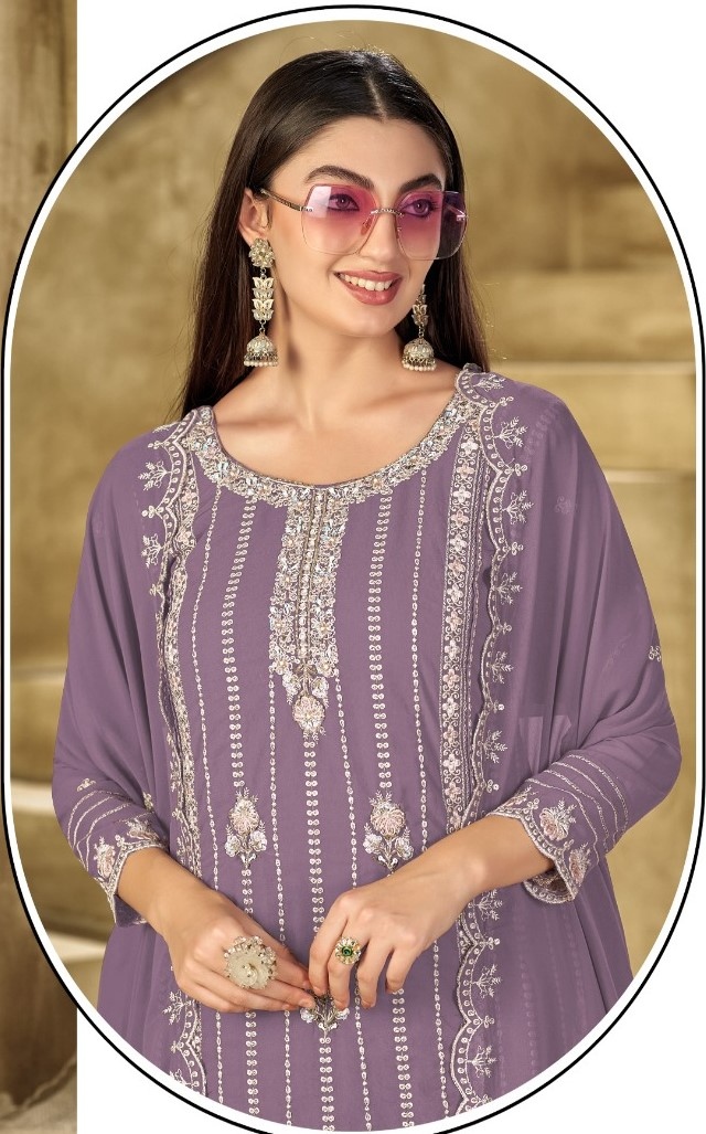 Lavender Stripe Designer Embroidery Georgette Straight Suit — alternate view