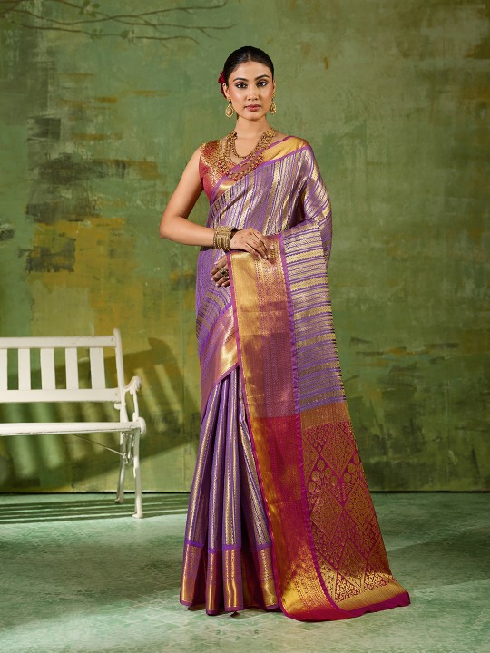 Lavender Striped Zari Work Kanjivaram Silk Saree