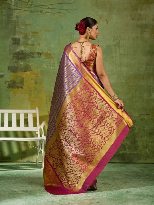 Lavender Striped Zari Work Kanjivaram Silk Saree — alternate view
