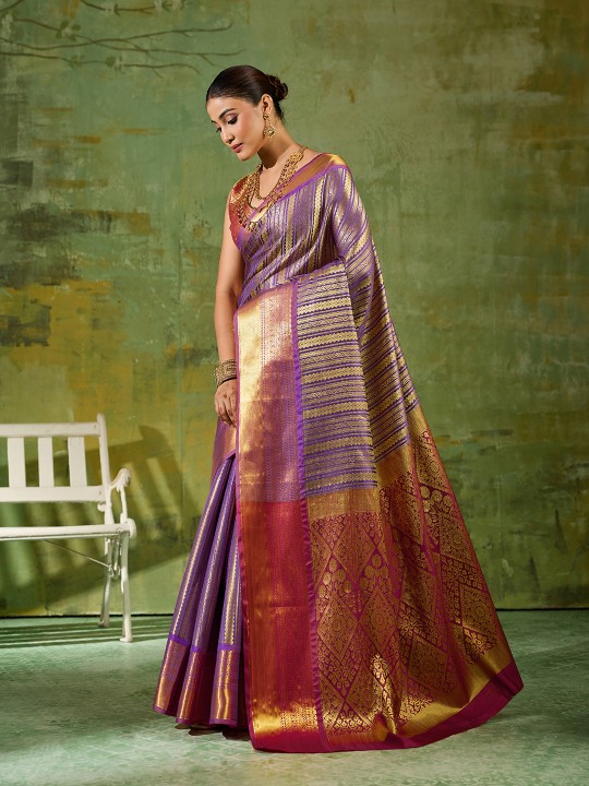 Lavender Striped Zari Work Kanjivaram Silk Saree