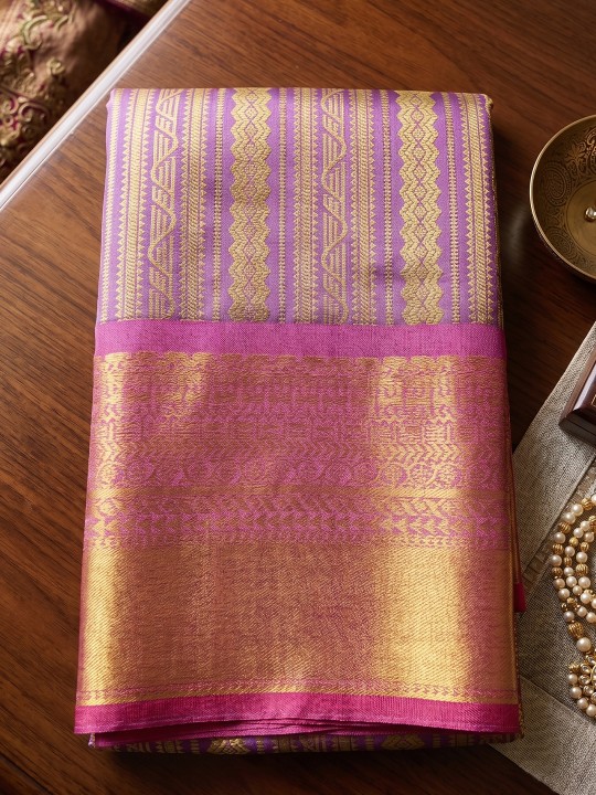 Lavender Striped Zari Work Kanjivaram Silk Saree
