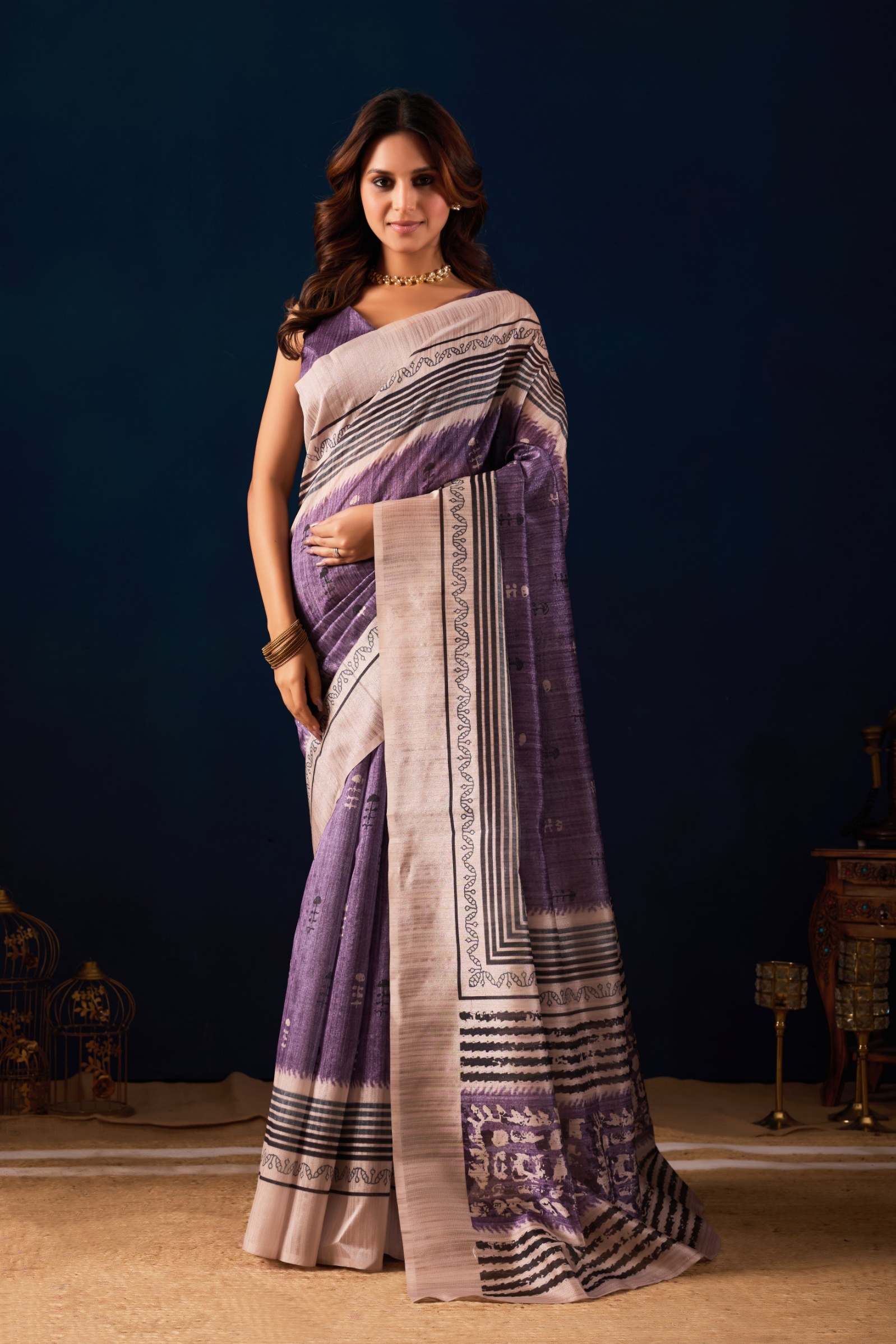 Lavender Tribal Motif Jute Silk Ready To Wear Saree