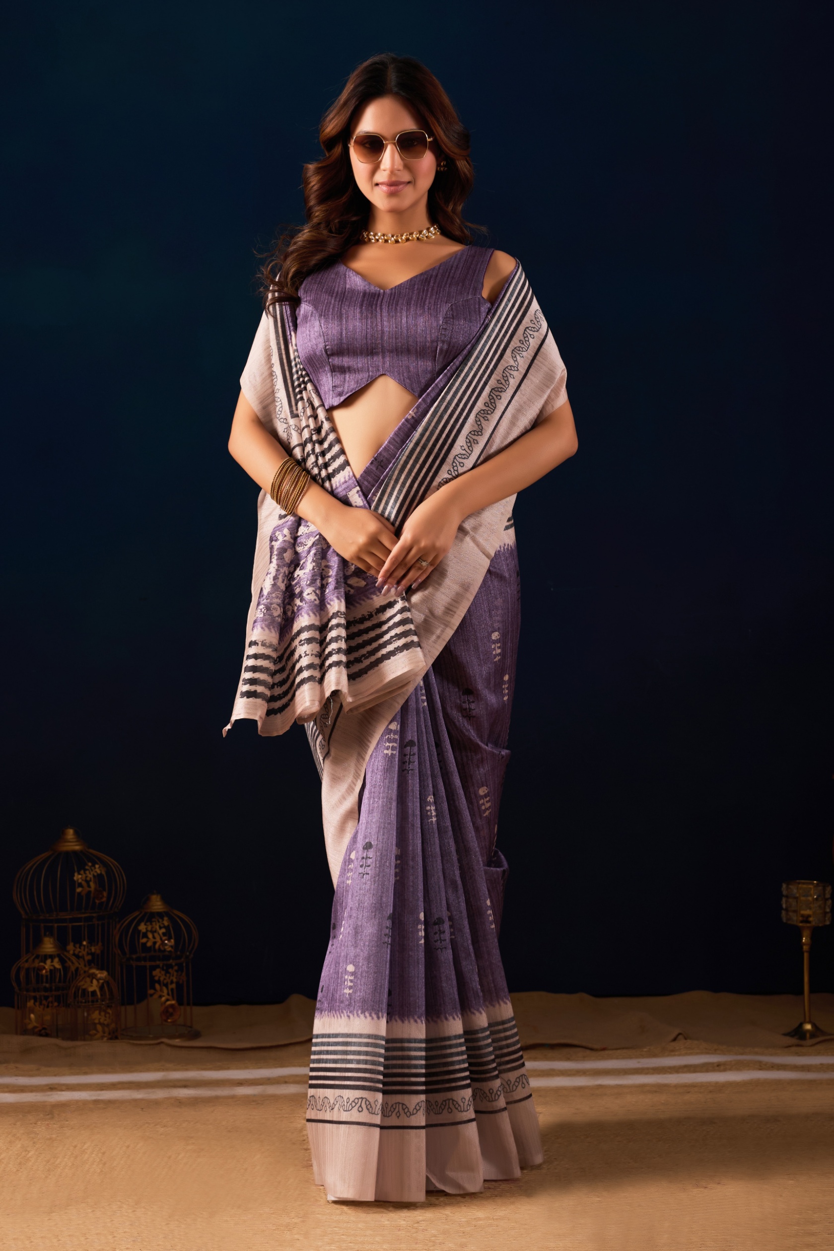 Lavender Tribal Motif Jute Silk Ready To Wear Saree