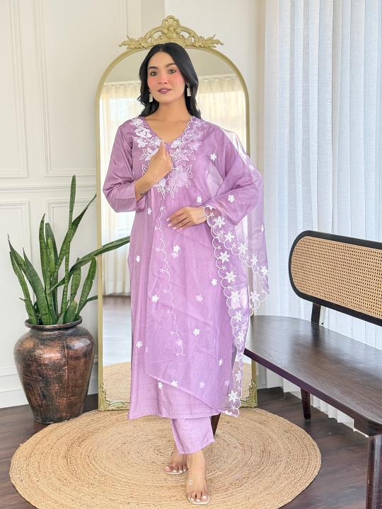 Lavender White Rayon Readymade Suits