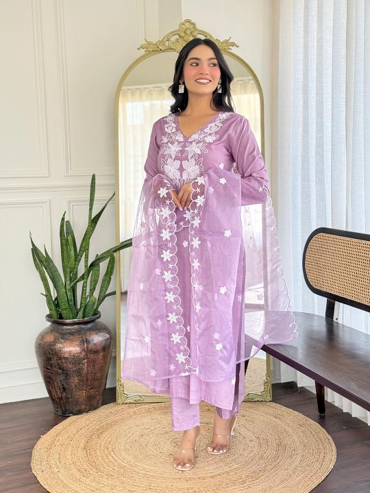 Lavender White Rayon Readymade Suits